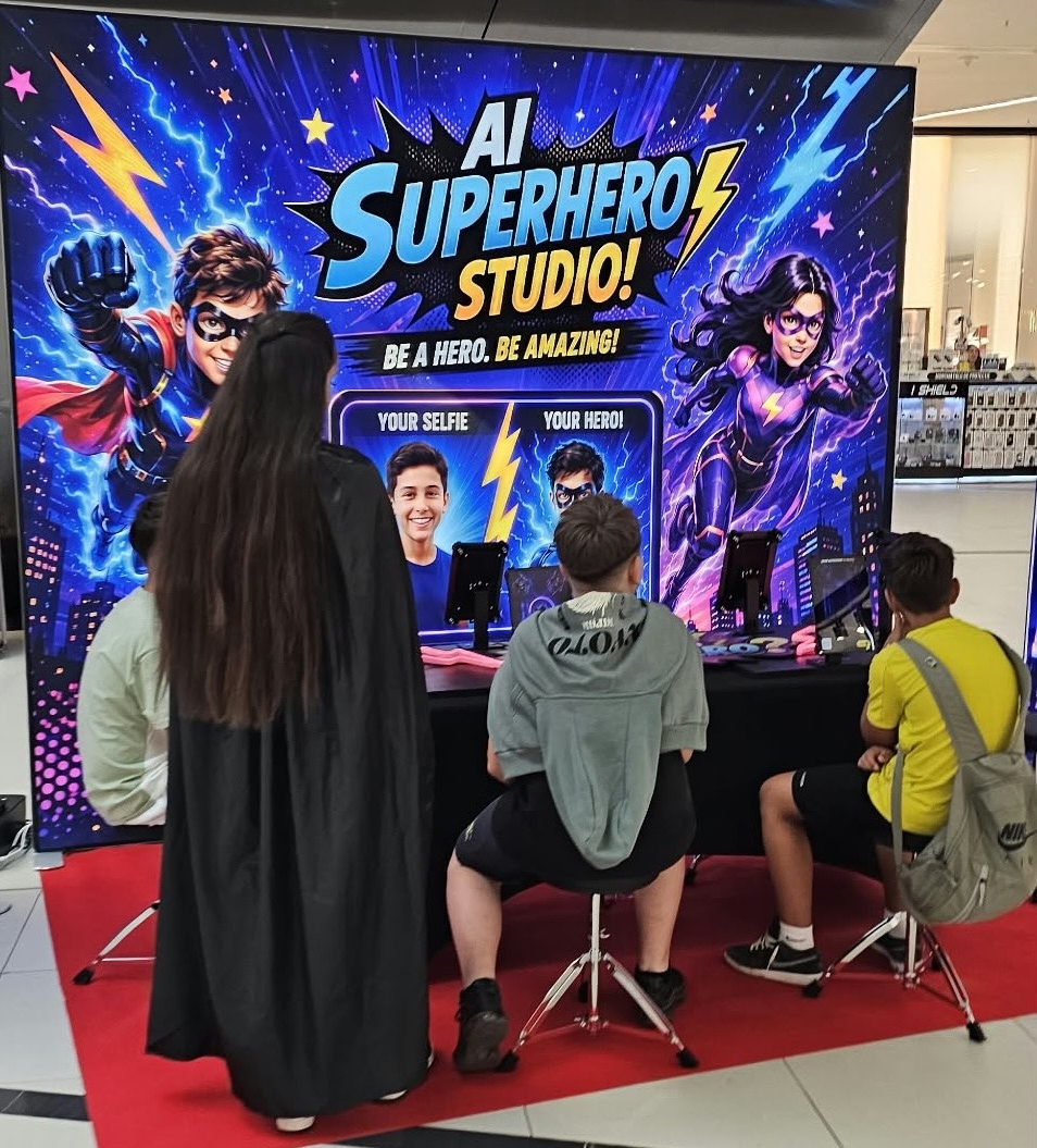 AI Superhero Studio — animator alături de copii la stația interactivă