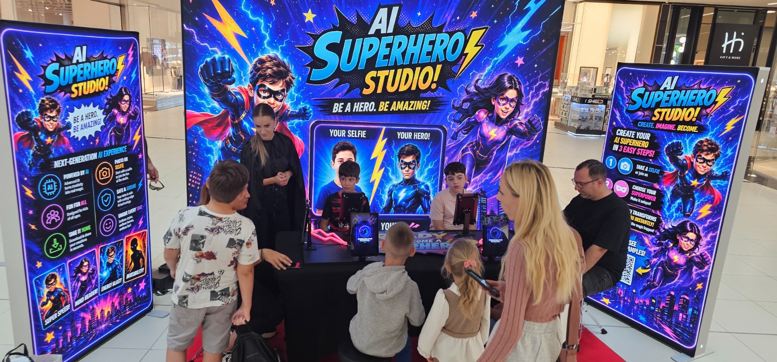 AI Superhero Studio — animatori și participanți la standul activării